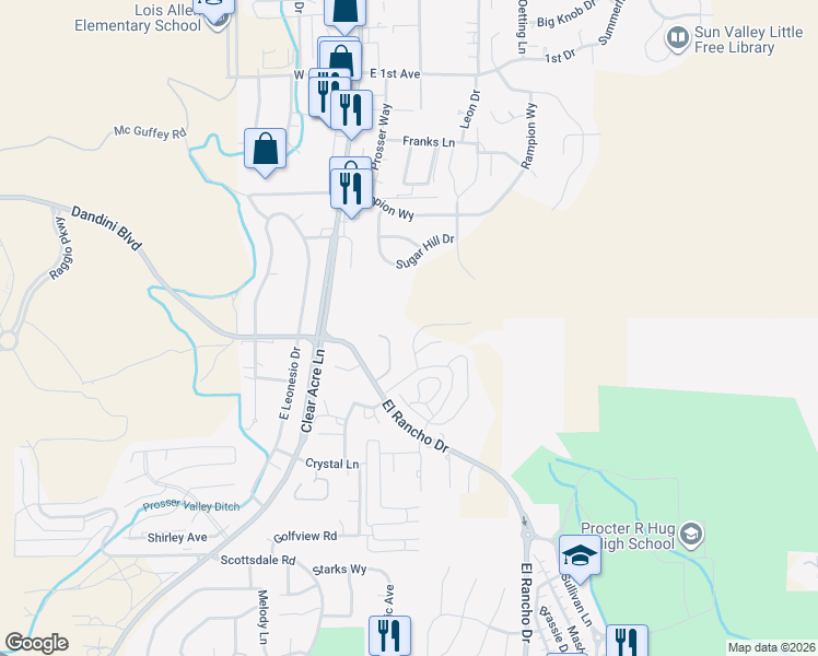 map of restaurants, bars, coffee shops, grocery stores, and more near 4400 El Rancho Drive in Sun Valley