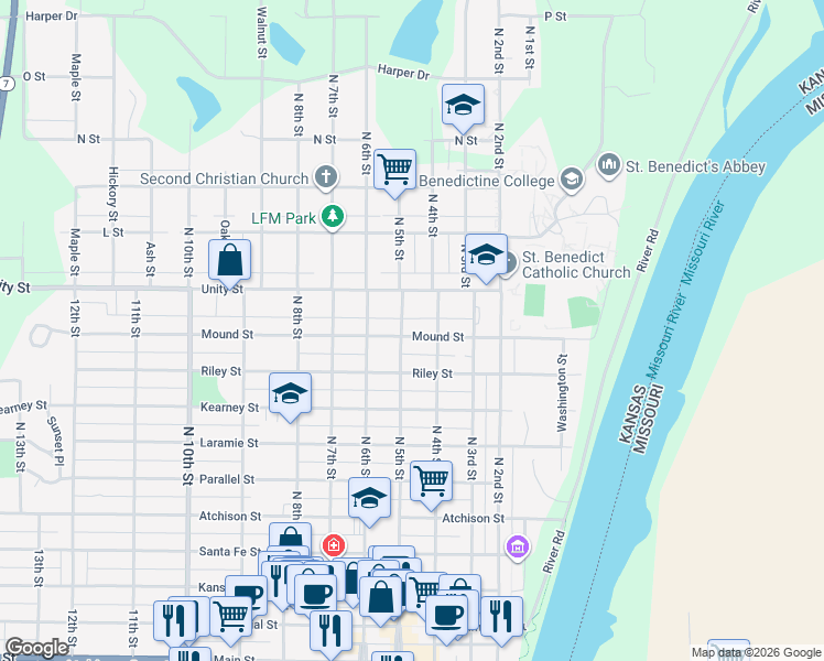map of restaurants, bars, coffee shops, grocery stores, and more near 819 North 4th Street in Atchison