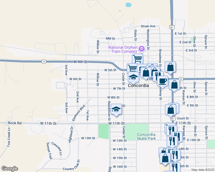 map of restaurants, bars, coffee shops, grocery stores, and more near 440-498 West 6th Street in Concordia