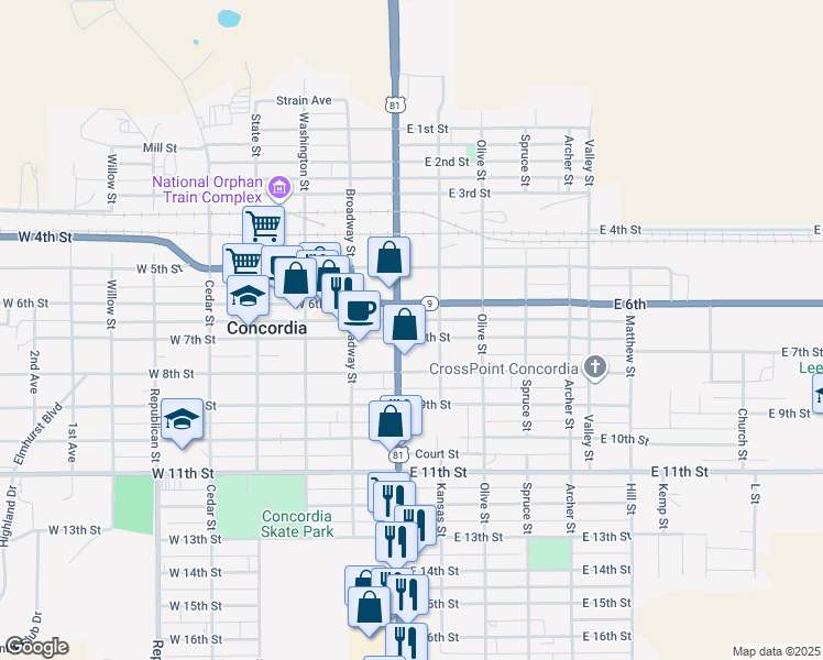 map of restaurants, bars, coffee shops, grocery stores, and more near 701 Lincoln Street in Concordia