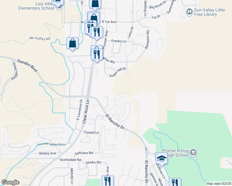 map of restaurants, bars, coffee shops, grocery stores, and more near 285 Sugar Hill Drive in Sun Valley