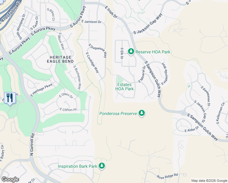 map of restaurants, bars, coffee shops, grocery stores, and more near 7988 South Elk Way in Aurora