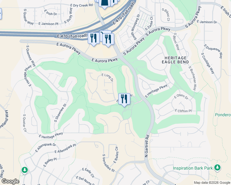 map of restaurants, bars, coffee shops, grocery stores, and more near 22919 East Long Drive in Aurora