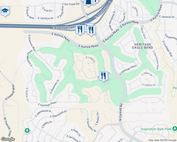 map of restaurants, bars, coffee shops, grocery stores, and more near 22824 East Canyon Place in Aurora