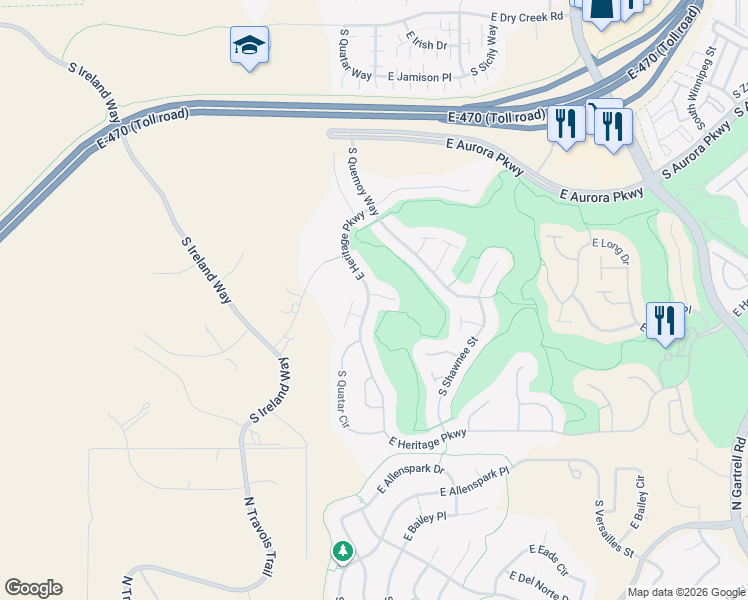 map of restaurants, bars, coffee shops, grocery stores, and more near 21800 East Heritage Parkway in Aurora