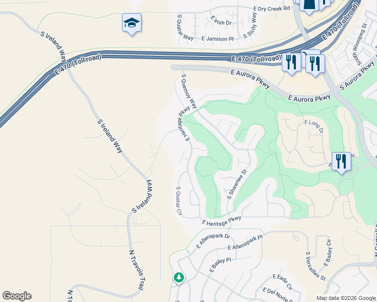 map of restaurants, bars, coffee shops, grocery stores, and more near 21800 East Heritage Parkway in Aurora