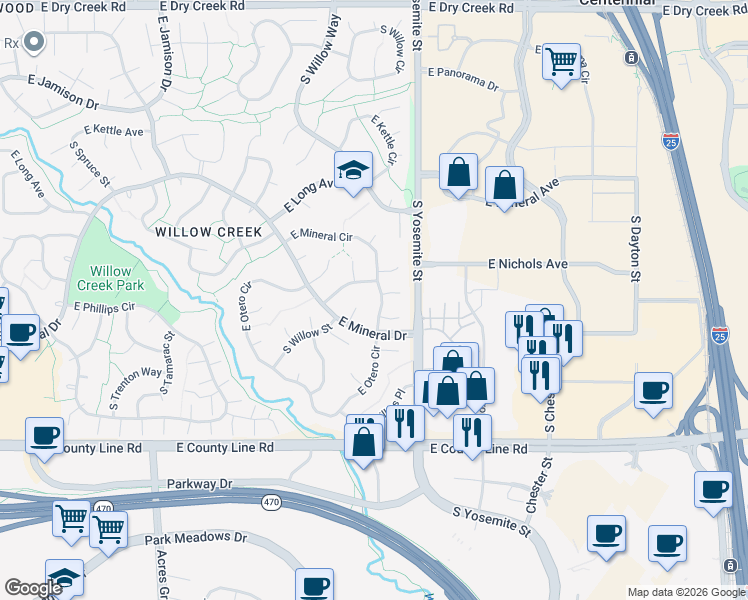 map of restaurants, bars, coffee shops, grocery stores, and more near 8694 East Mineral Circle in Centennial