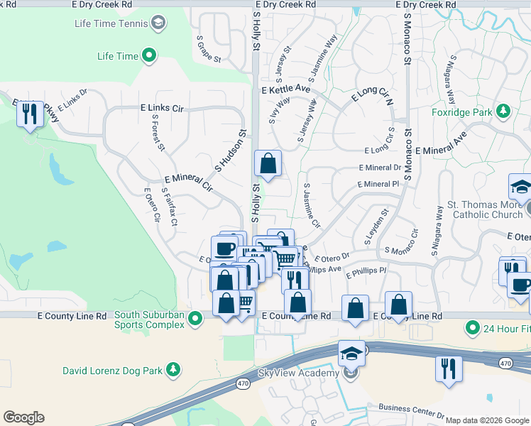 map of restaurants, bars, coffee shops, grocery stores, and more near 8090 South Holly Street in Centennial
