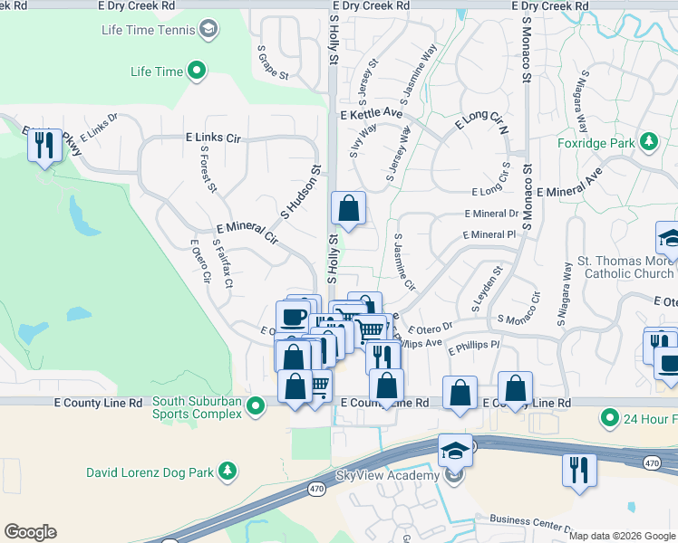 map of restaurants, bars, coffee shops, grocery stores, and more near 8090 South Holly Street in Centennial
