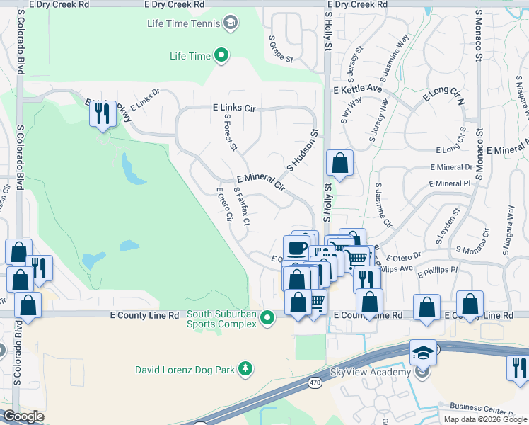 map of restaurants, bars, coffee shops, grocery stores, and more near 5237 East Nichols Drive in Centennial
