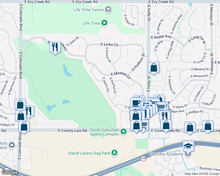 map of restaurants, bars, coffee shops, grocery stores, and more near 5146 East Nichols Drive in Centennial