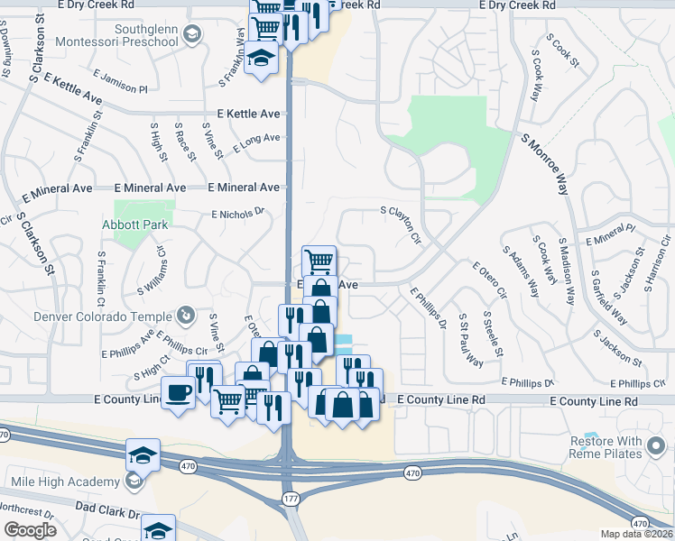 map of restaurants, bars, coffee shops, grocery stores, and more near 8035 South Clayton Circle in Centennial
