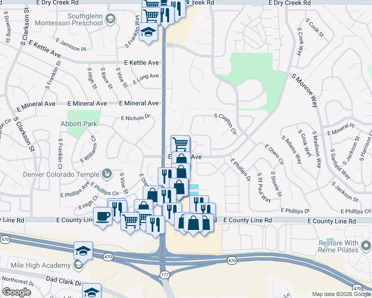 map of restaurants, bars, coffee shops, grocery stores, and more near 8035 South Clayton Circle in Centennial