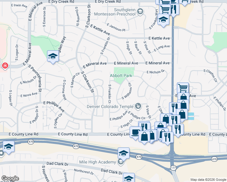 map of restaurants, bars, coffee shops, grocery stores, and more near 1732 East Nichols Avenue in Centennial