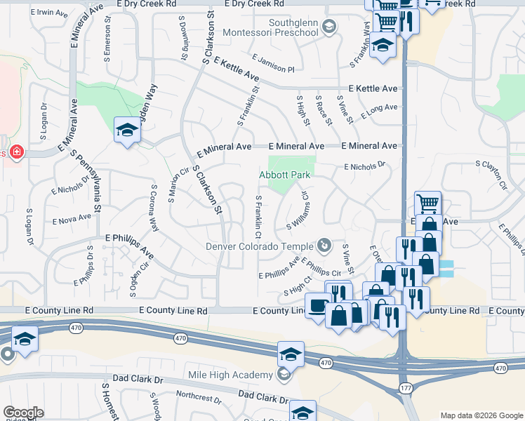 map of restaurants, bars, coffee shops, grocery stores, and more near 1732 East Nichols Avenue in Centennial
