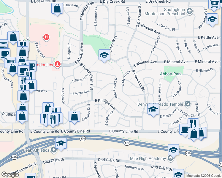 map of restaurants, bars, coffee shops, grocery stores, and more near 1085 East Nichols Avenue in Centennial