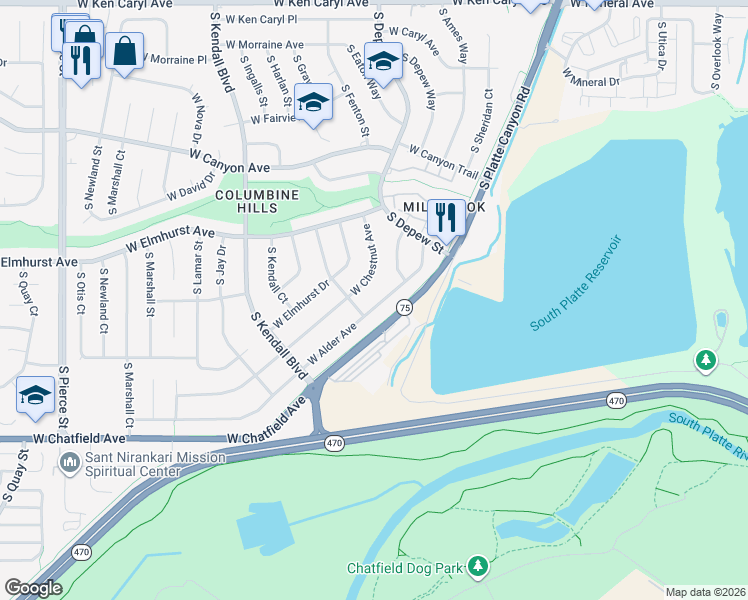 map of restaurants, bars, coffee shops, grocery stores, and more near 5701 West Chestnut Avenue in Littleton