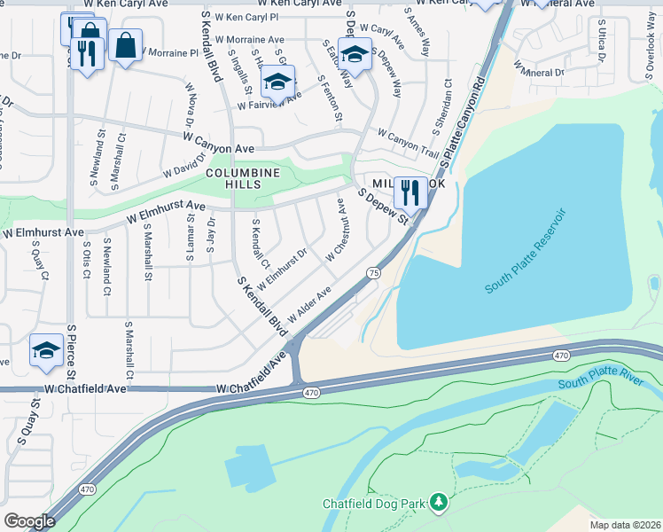 map of restaurants, bars, coffee shops, grocery stores, and more near 5701 West Chestnut Avenue in Littleton