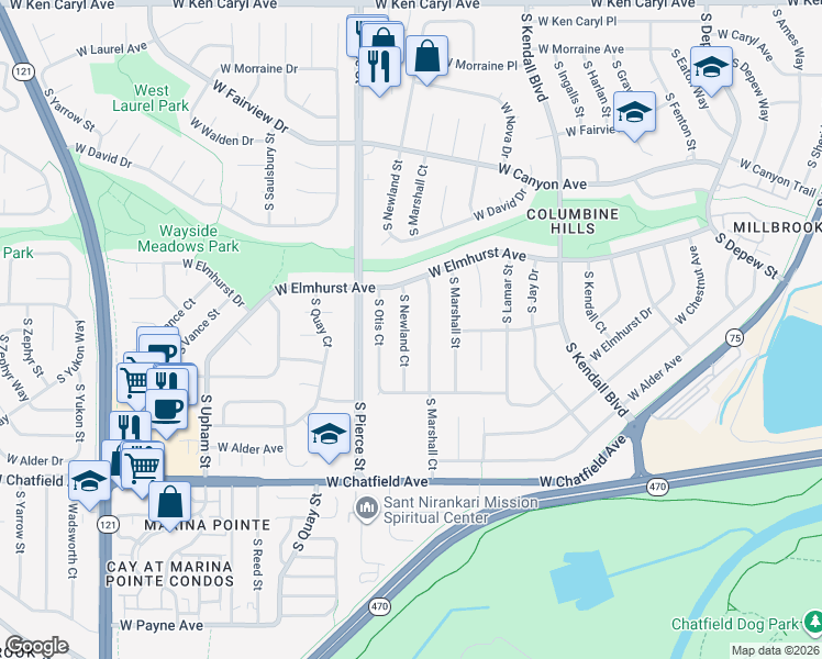 map of restaurants, bars, coffee shops, grocery stores, and more near 7981 South Marshall Court in Littleton
