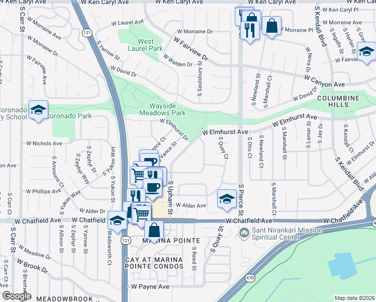 map of restaurants, bars, coffee shops, grocery stores, and more near 7942 South Vance Street in Littleton