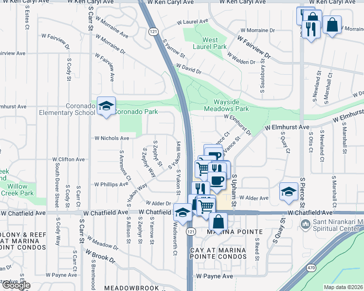 map of restaurants, bars, coffee shops, grocery stores, and more near 8006 South Yukon Way in Littleton