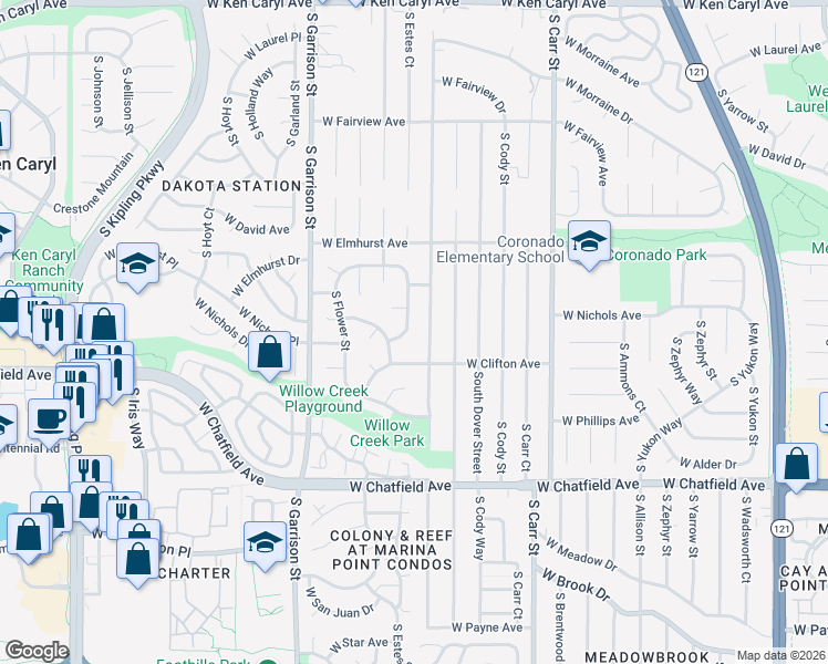 map of restaurants, bars, coffee shops, grocery stores, and more near 8858 West Nichols Avenue in Littleton