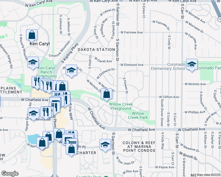 map of restaurants, bars, coffee shops, grocery stores, and more near 9275 West Friend Drive in Littleton