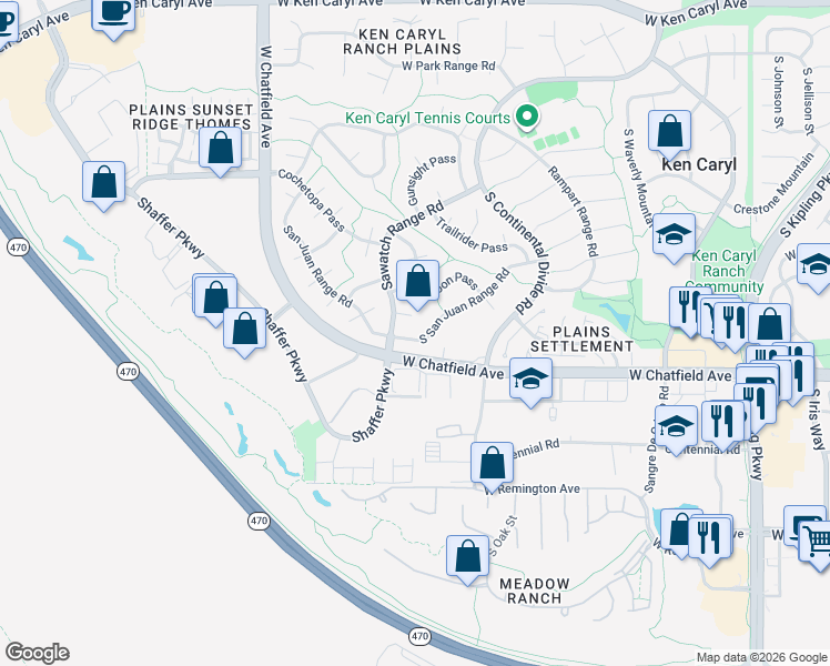 map of restaurants, bars, coffee shops, grocery stores, and more near 11059 West Pyramid Peak in Littleton