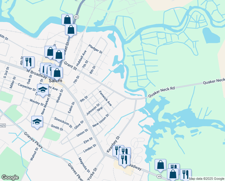 map of restaurants, bars, coffee shops, grocery stores, and more near 348 Grant Street in Salem