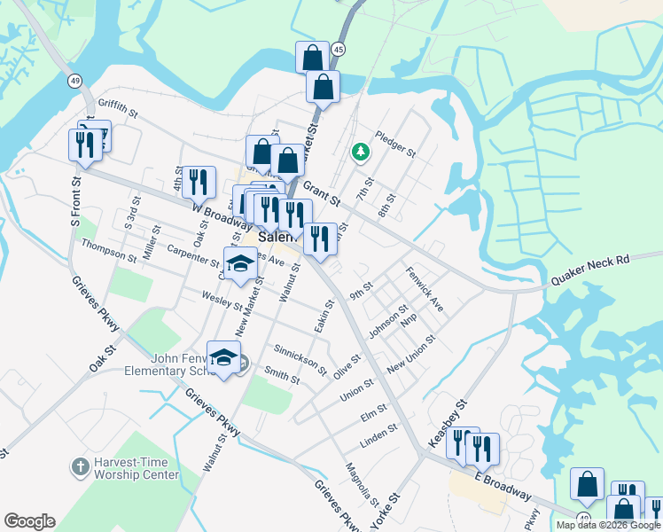 map of restaurants, bars, coffee shops, grocery stores, and more near 205 7th Street in Salem