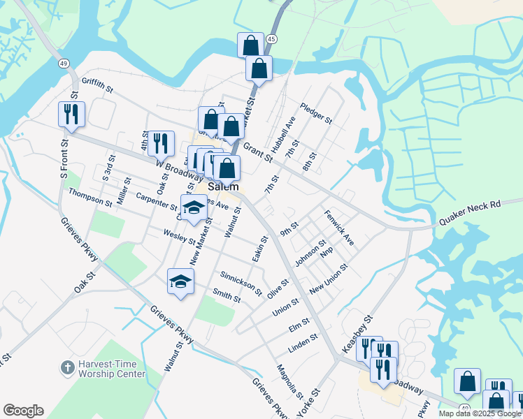 map of restaurants, bars, coffee shops, grocery stores, and more near 205 7th Street in Salem