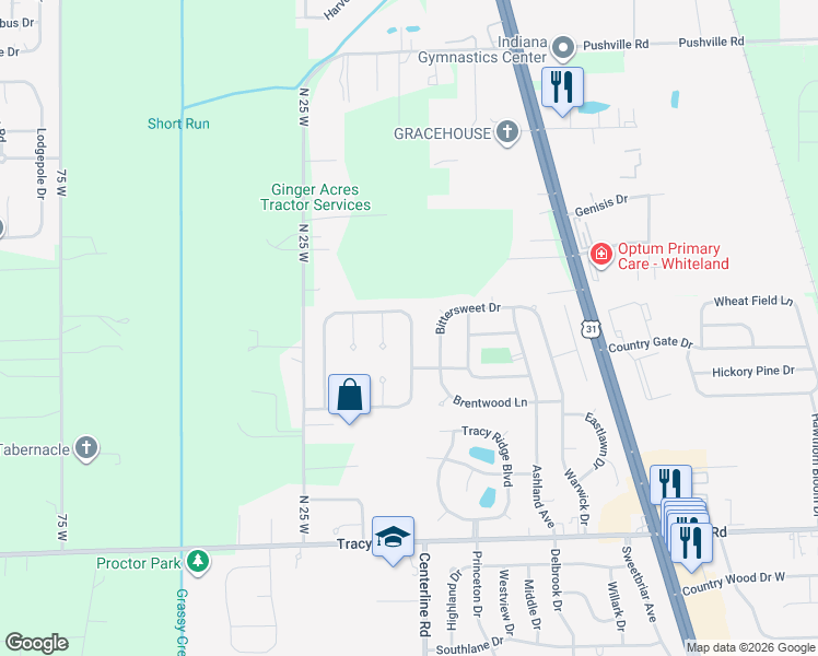 map of restaurants, bars, coffee shops, grocery stores, and more near 107 Hilltop Farms Boulevard in Whiteland