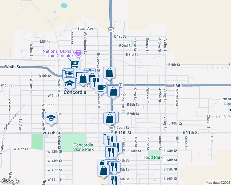 map of restaurants, bars, coffee shops, grocery stores, and more near 701 Lincoln Street in Concordia
