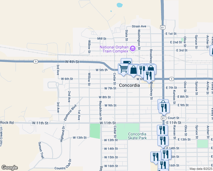 map of restaurants, bars, coffee shops, grocery stores, and more near 440-498 West 6th Street in Concordia