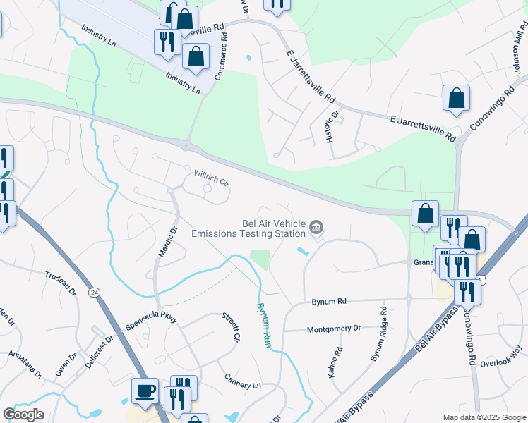 map of restaurants, bars, coffee shops, grocery stores, and more near 203 Columbine Court in Forest Hill