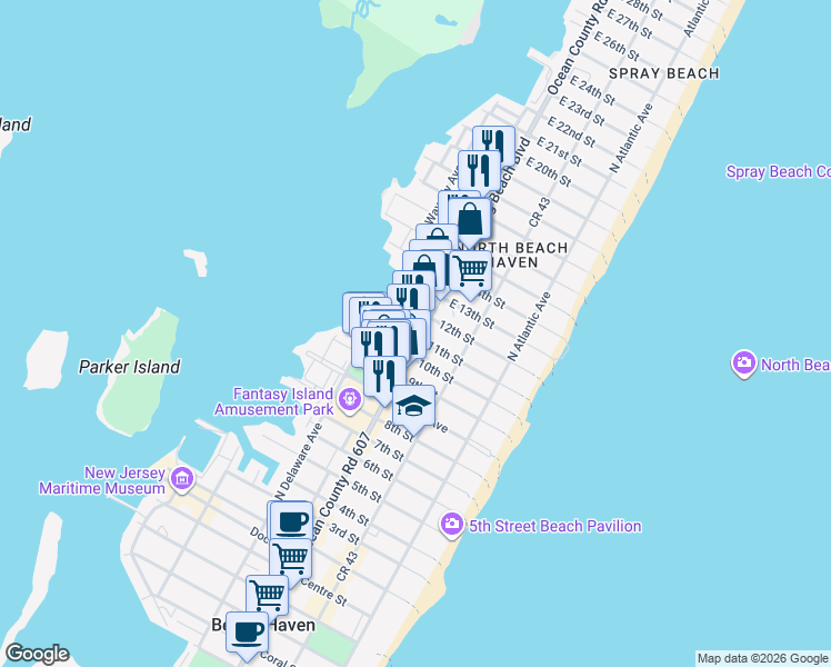 map of restaurants, bars, coffee shops, grocery stores, and more near 1122 Long Beach Boulevard in Beach Haven
