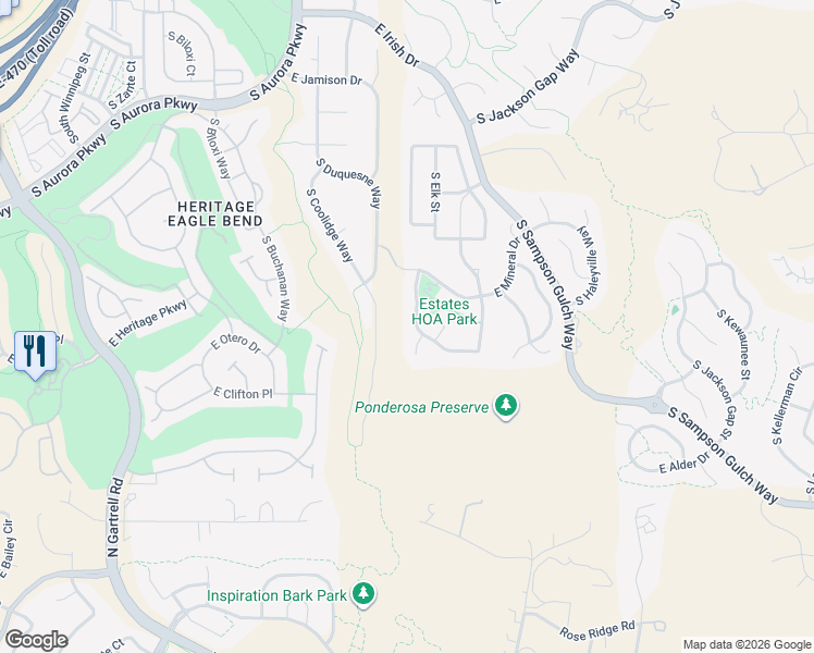 map of restaurants, bars, coffee shops, grocery stores, and more near 7988 South Elk Way in Aurora