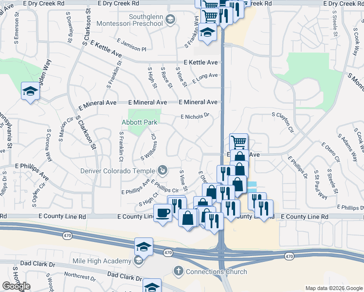 map of restaurants, bars, coffee shops, grocery stores, and more near 8016 South Vine Way in Centennial