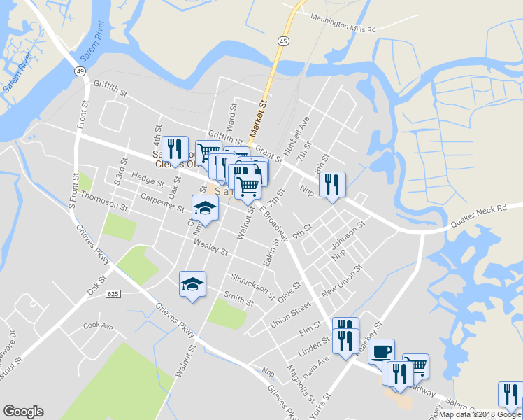 map of restaurants, bars, coffee shops, grocery stores, and more near 205 7th Street in Salem