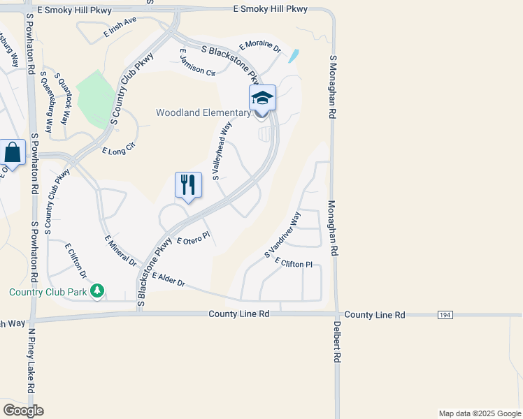 map of restaurants, bars, coffee shops, grocery stores, and more near 8058 South Valleyhead Way in Aurora