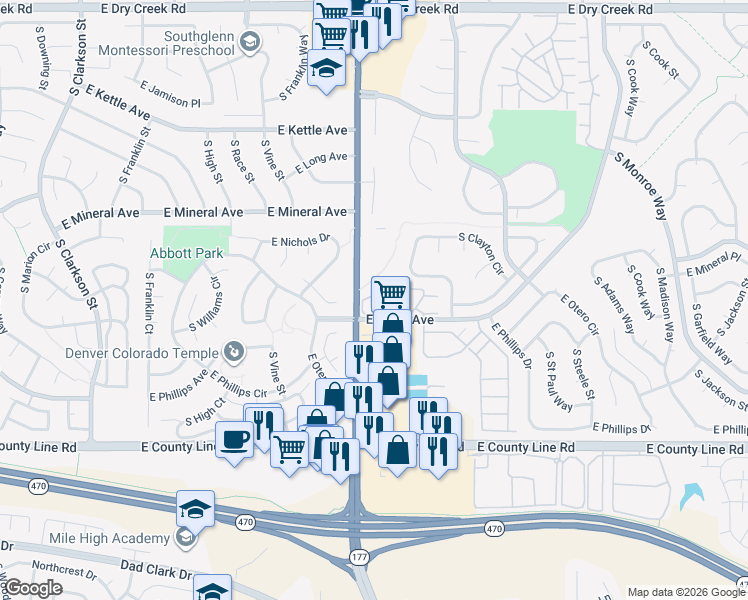map of restaurants, bars, coffee shops, grocery stores, and more near 2557 East Nichols Circle in Centennial