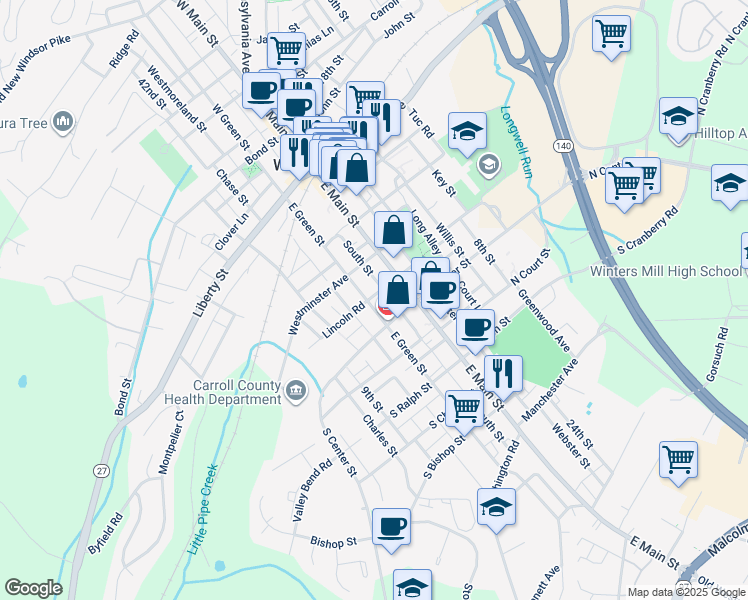 map of restaurants, bars, coffee shops, grocery stores, and more near 143 East Green Street in Westminster