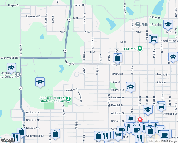 map of restaurants, bars, coffee shops, grocery stores, and more near 900-908 12th Street in Atchison