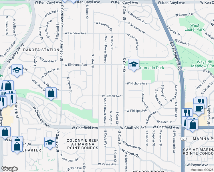 map of restaurants, bars, coffee shops, grocery stores, and more near 8027 South Dover Street in Littleton