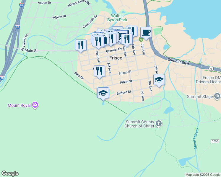 map of restaurants, bars, coffee shops, grocery stores, and more near 219 Pitkin Street in Frisco