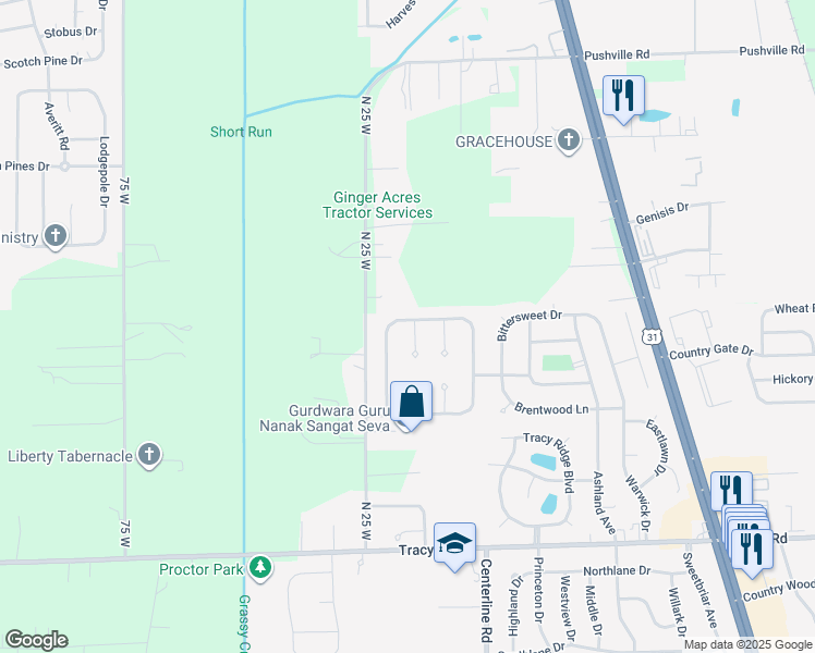 map of restaurants, bars, coffee shops, grocery stores, and more near 91 Hilltop Farms Boulevard in Whiteland