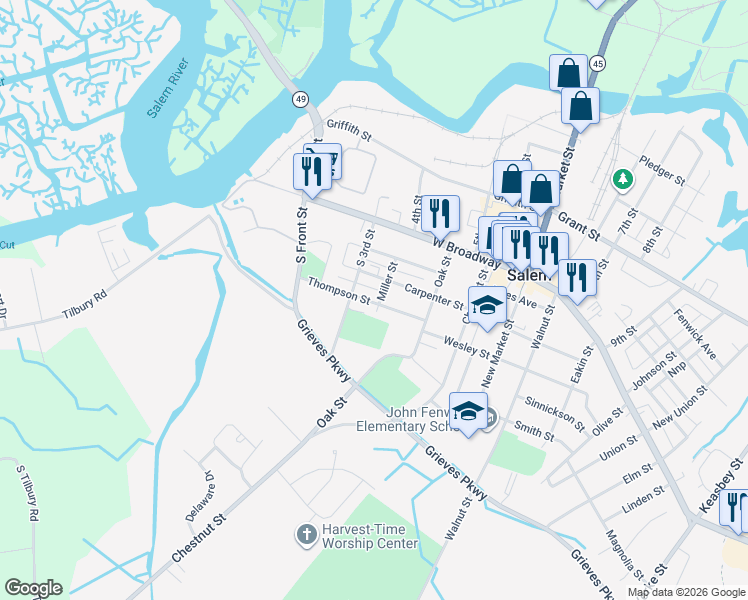 map of restaurants, bars, coffee shops, grocery stores, and more near 104 Thompson Street in Salem