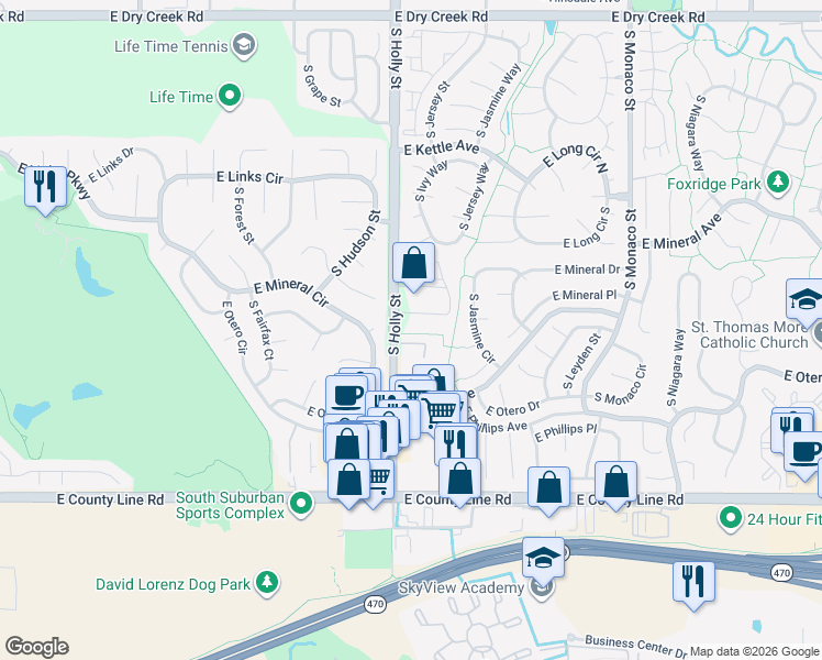 map of restaurants, bars, coffee shops, grocery stores, and more near 8090 South Holly Street in Centennial