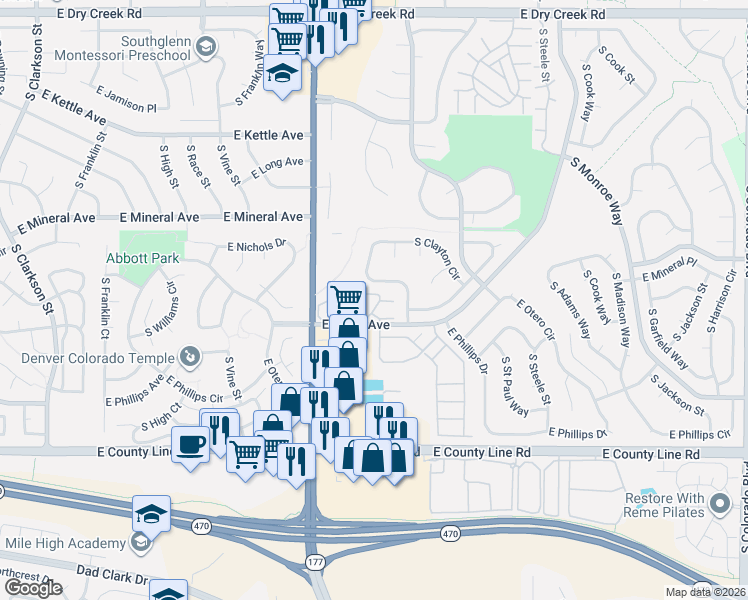 map of restaurants, bars, coffee shops, grocery stores, and more near 8035 South Clayton Circle in Centennial