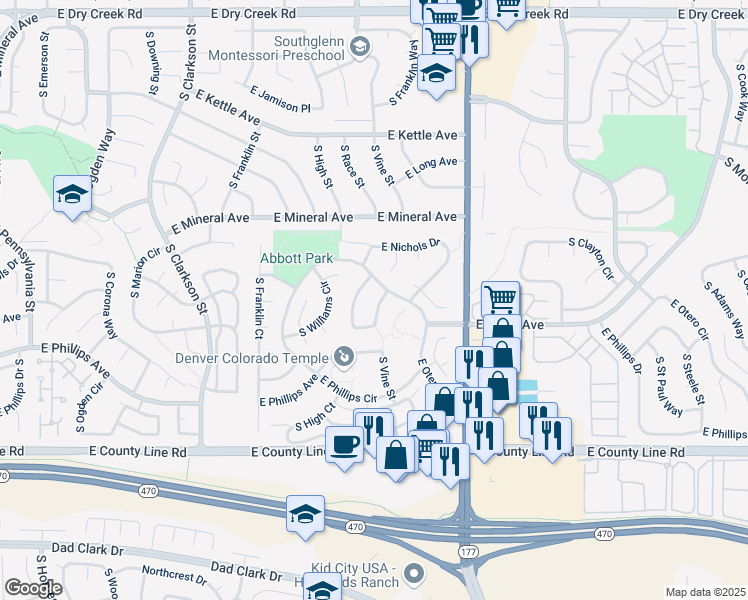 map of restaurants, bars, coffee shops, grocery stores, and more near 2151 East Otero Circle in Centennial